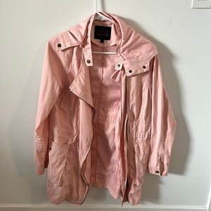 Pink lightweight asymmetrical jacket with zipper detail and pocket